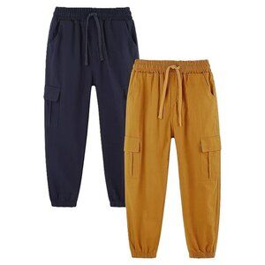 Boys 2 Pack Pull On Cargo Pants Khaki/Navy Drawstring Size 12-13 Year Cotton